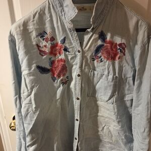 Hollister Light Blue Denim Shirt with Floral Embroidery
